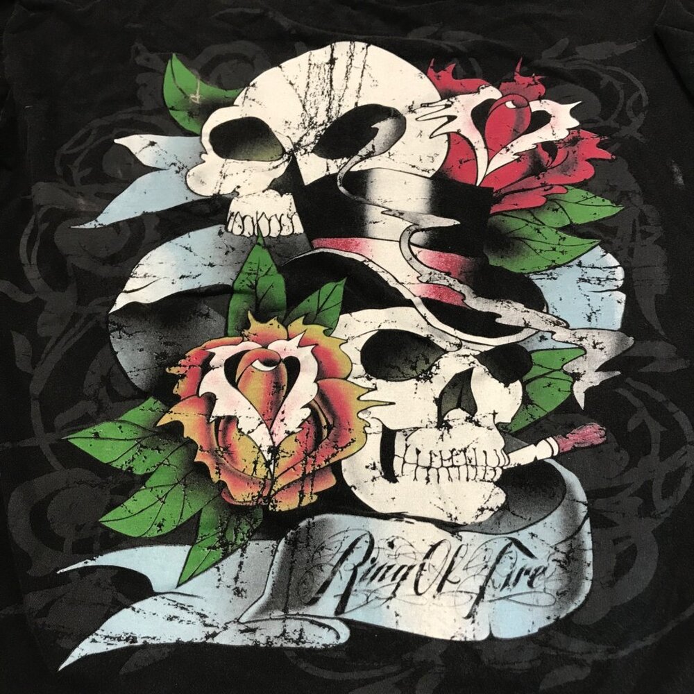 Ring of Fire XL Black Skull Roses Graphic Print TShirt Short Sleeve Crew Neck